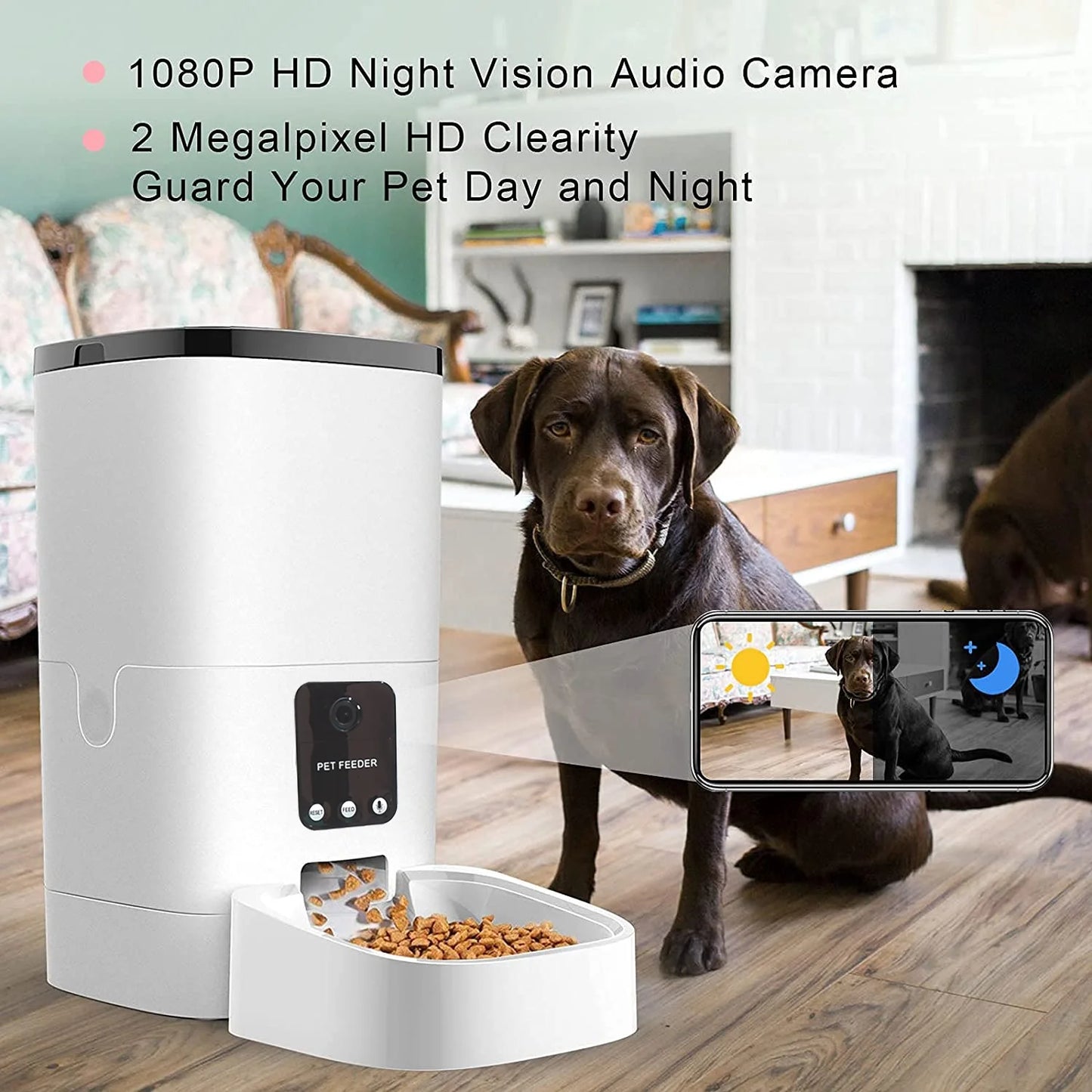 Pet Feeder,6L Automatic Pet Feeder for Cats and Dogs,1080P Camera,App Control,Voice Recorder,Timed Feeder for Schedule Feeding, Dual Power Supply,Wifi Pet Food Dispenser with App Control